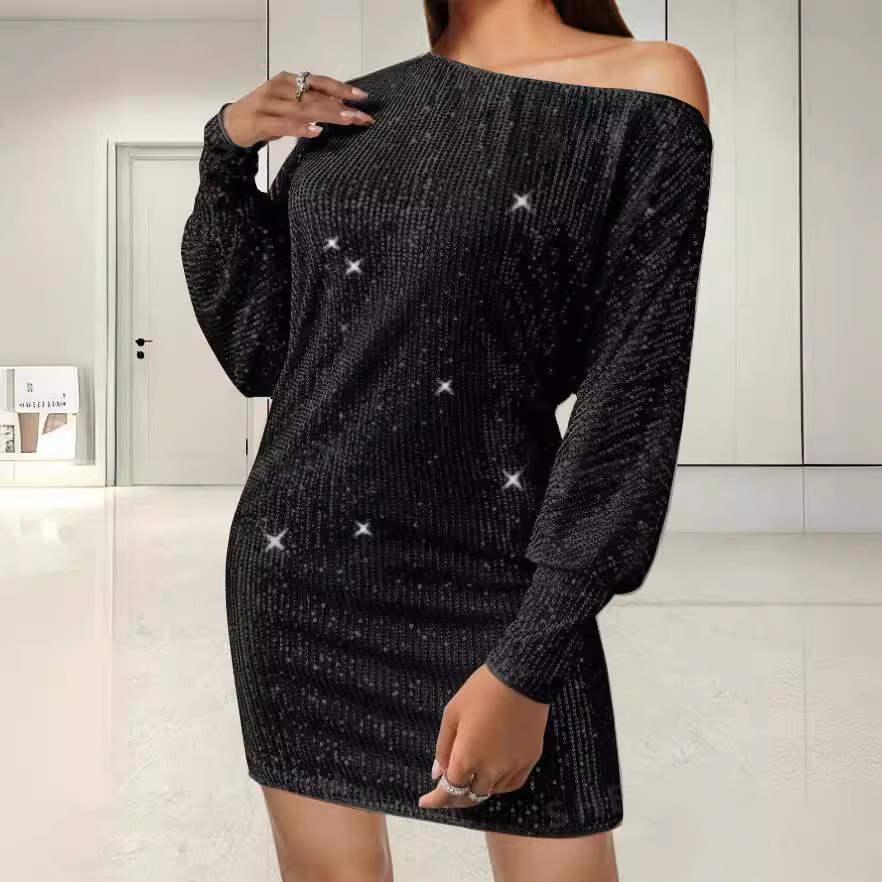 Elegant Solid Sequin Long Sleeve Bodycon Dress