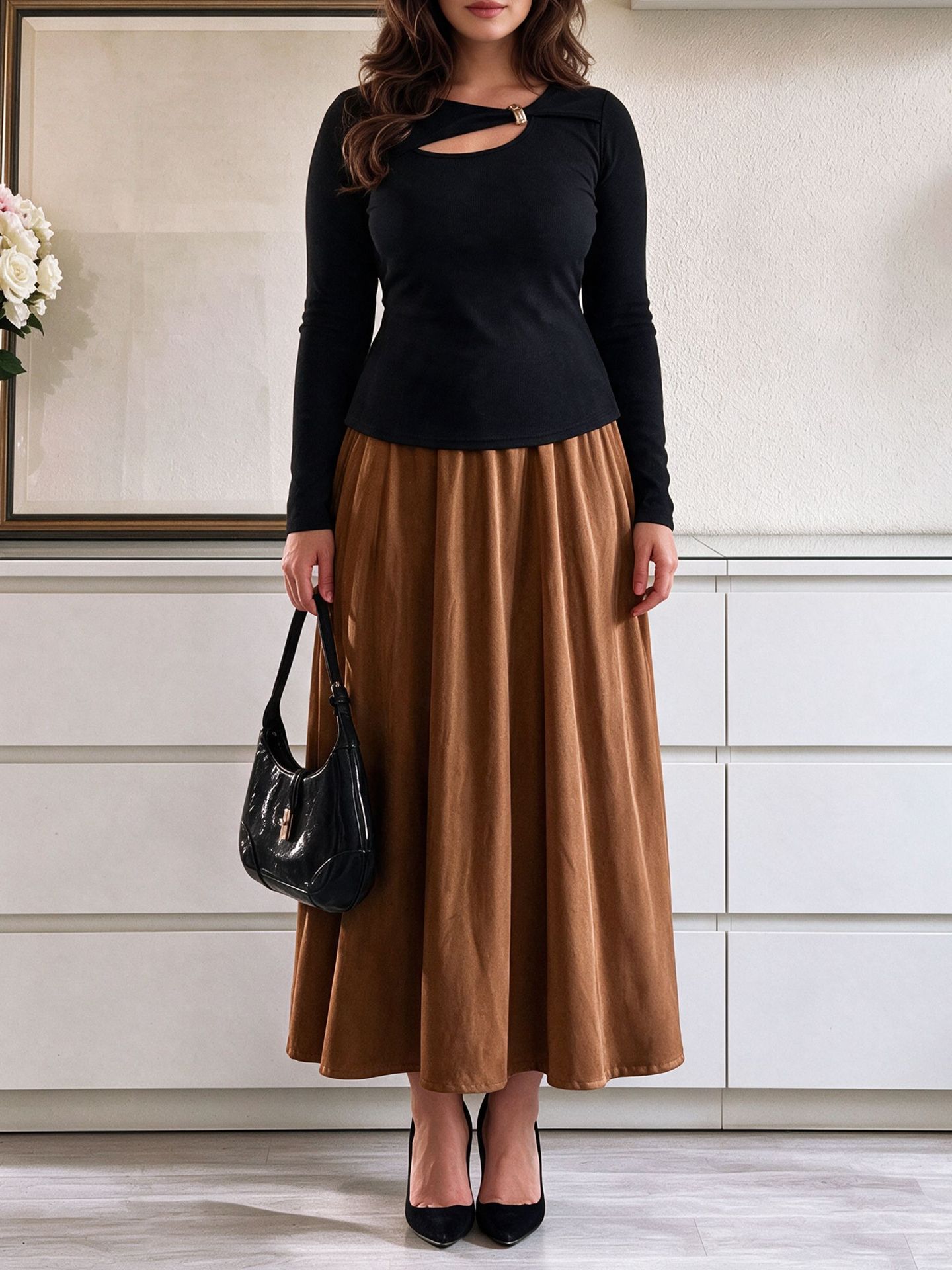 Plus Size Cutout Metal Button Long Sleeve Top & High Waist Midi Skirt Two-Piece Set
