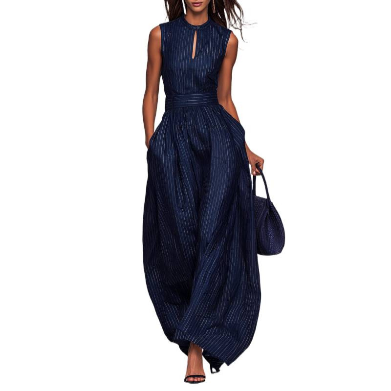 Navy Striped Sleeveless Wide-Leg Jumpsuit with Waist Cinch