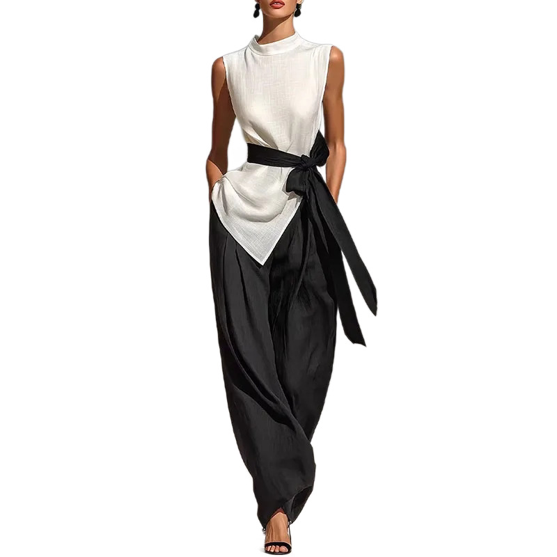 Tencel Linen Sleeveless Tie Top & Wide-Leg Pants Set