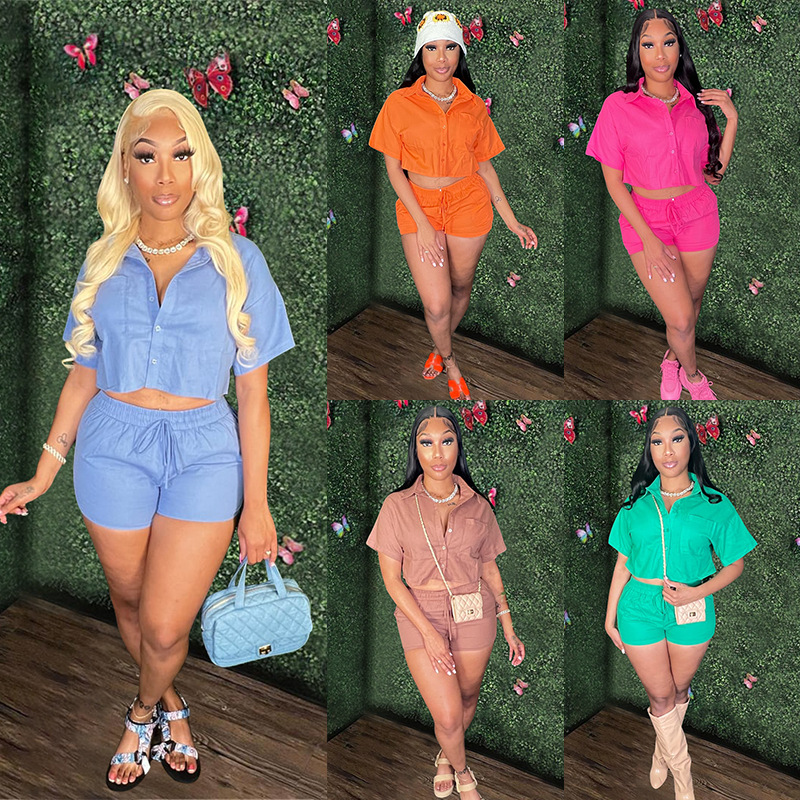 Women's Short Sleeve Shirt and Drawstring Pocket Shorts Two-Piece Set