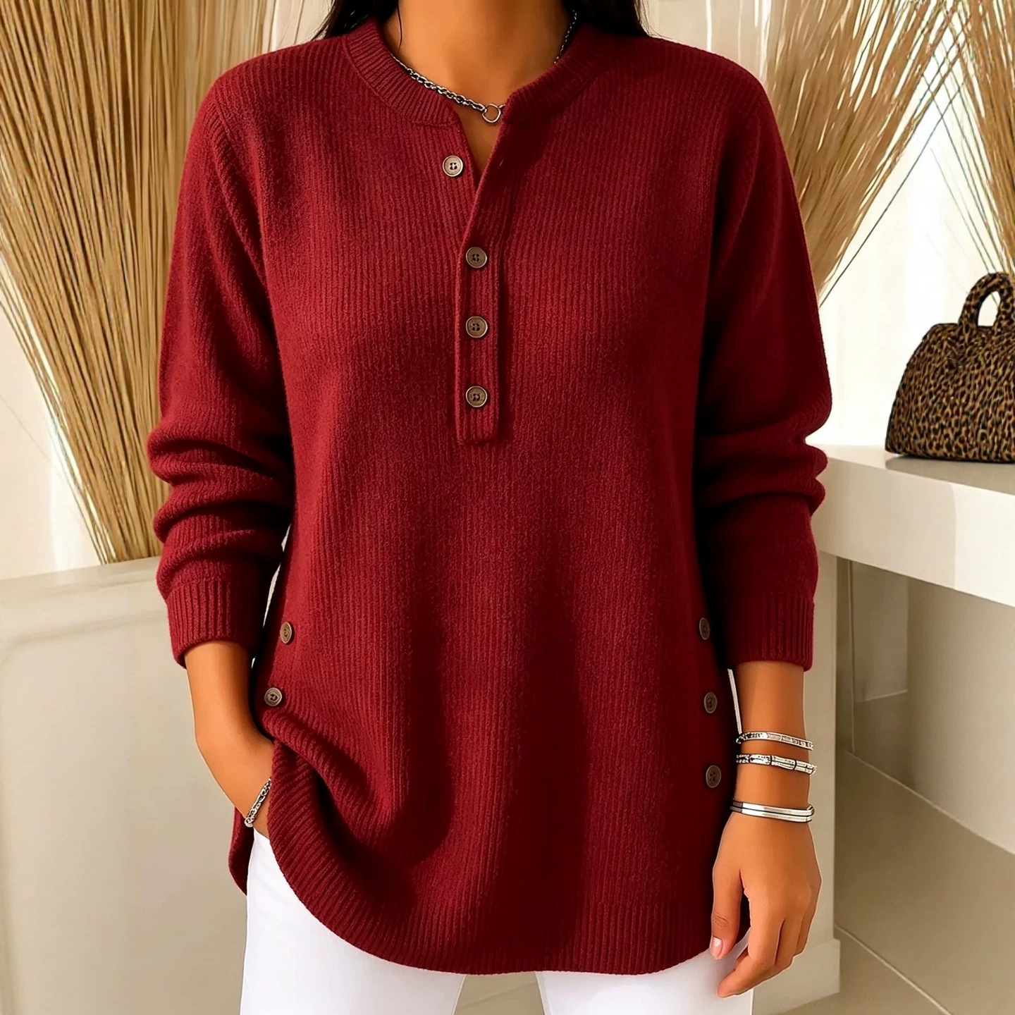 Women's V-Neck Button Knit Sweater Solid Color Loose Fit Top