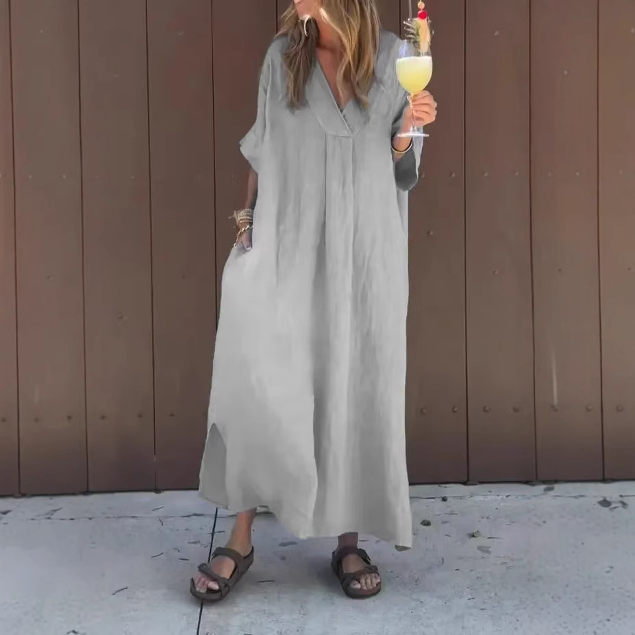 Washed Cotton V-Neck Short Sleeve Midi Dress Casual