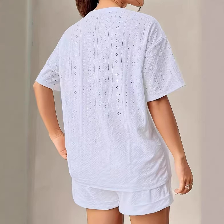 Women's Solid Color Hollow Out Short Sleeve Tee and Shorts Set
