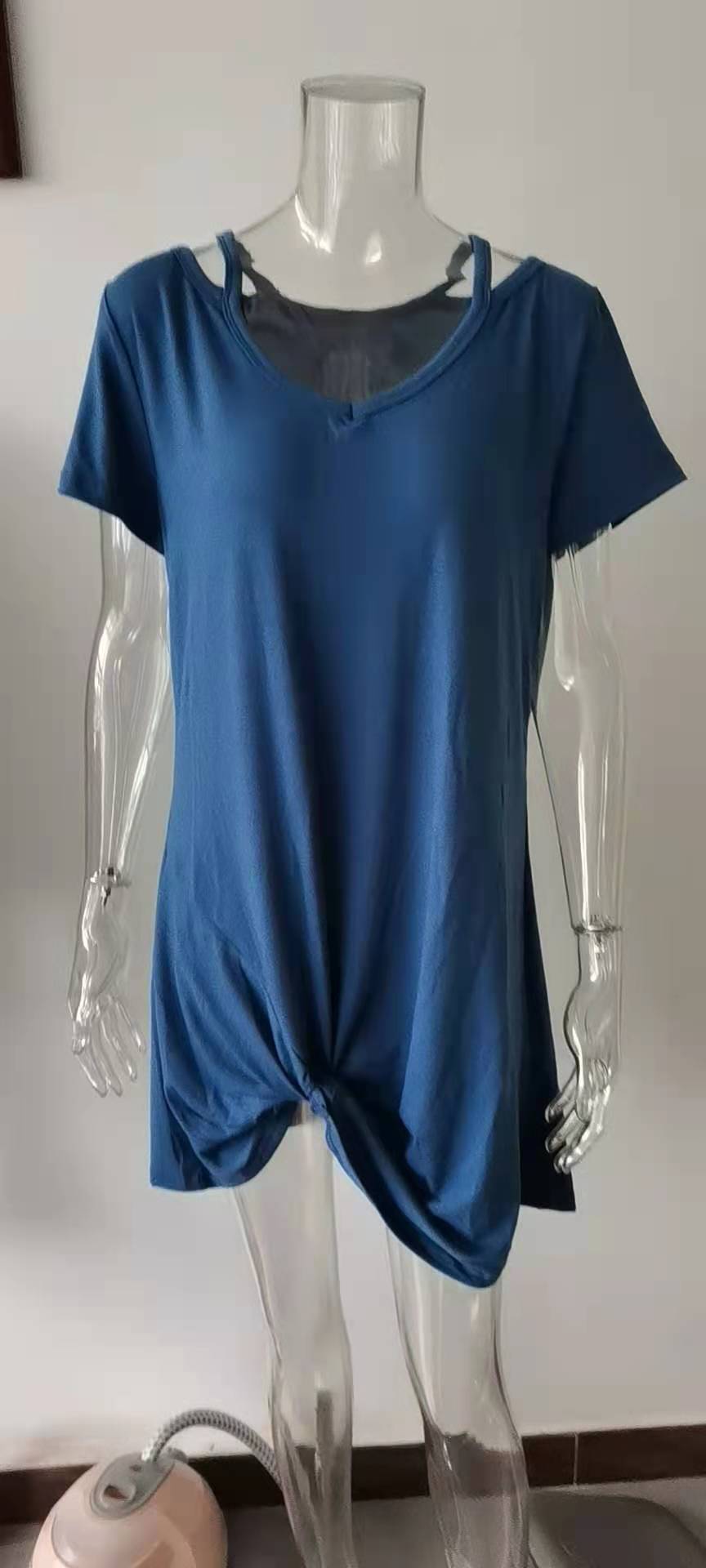 Women's V-Neck Short Sleeve Knotted T-Shirt Dress Solid Color Asymmetrical Hem