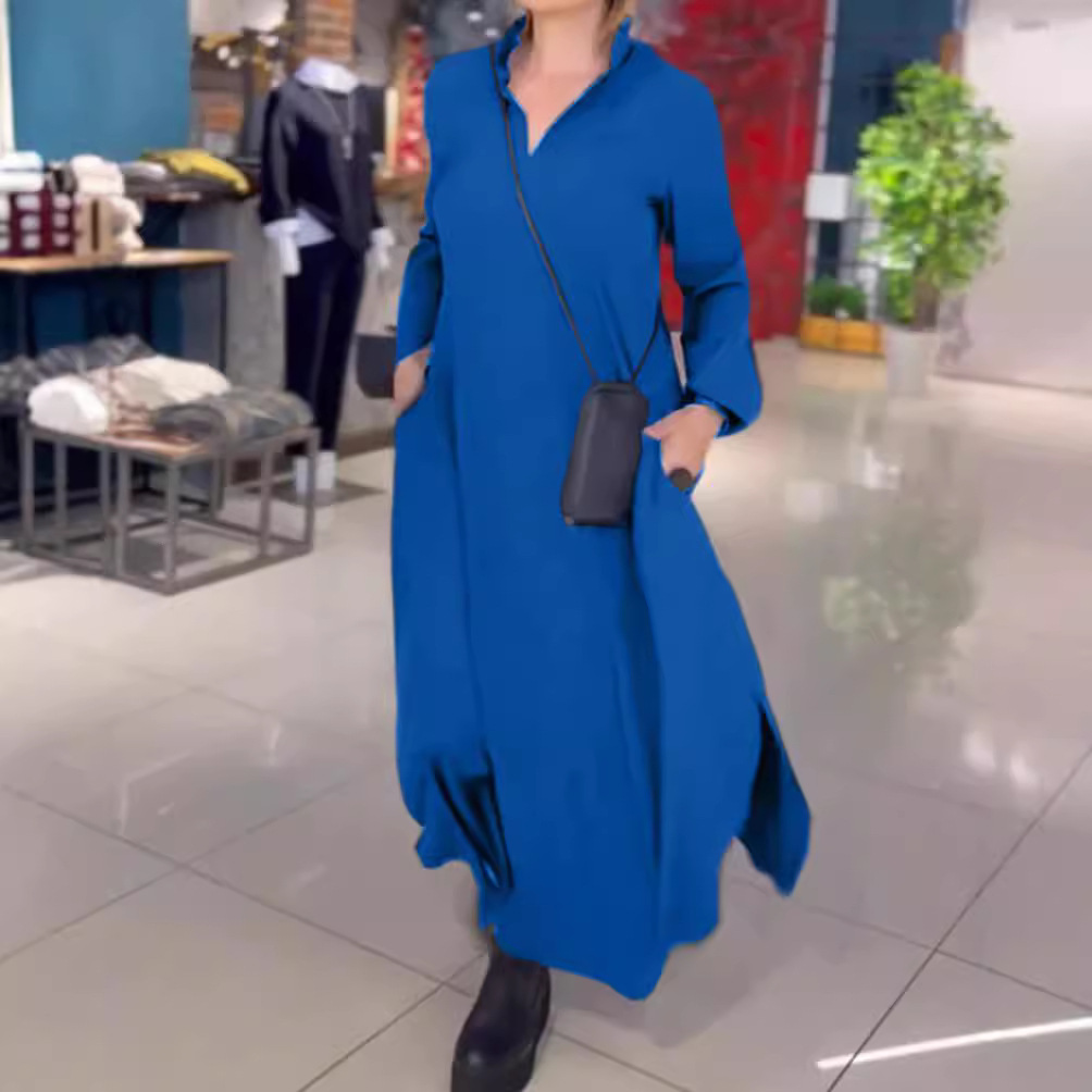 Women's Casual Solid V-Neck Long Sleeve Pocket Dress