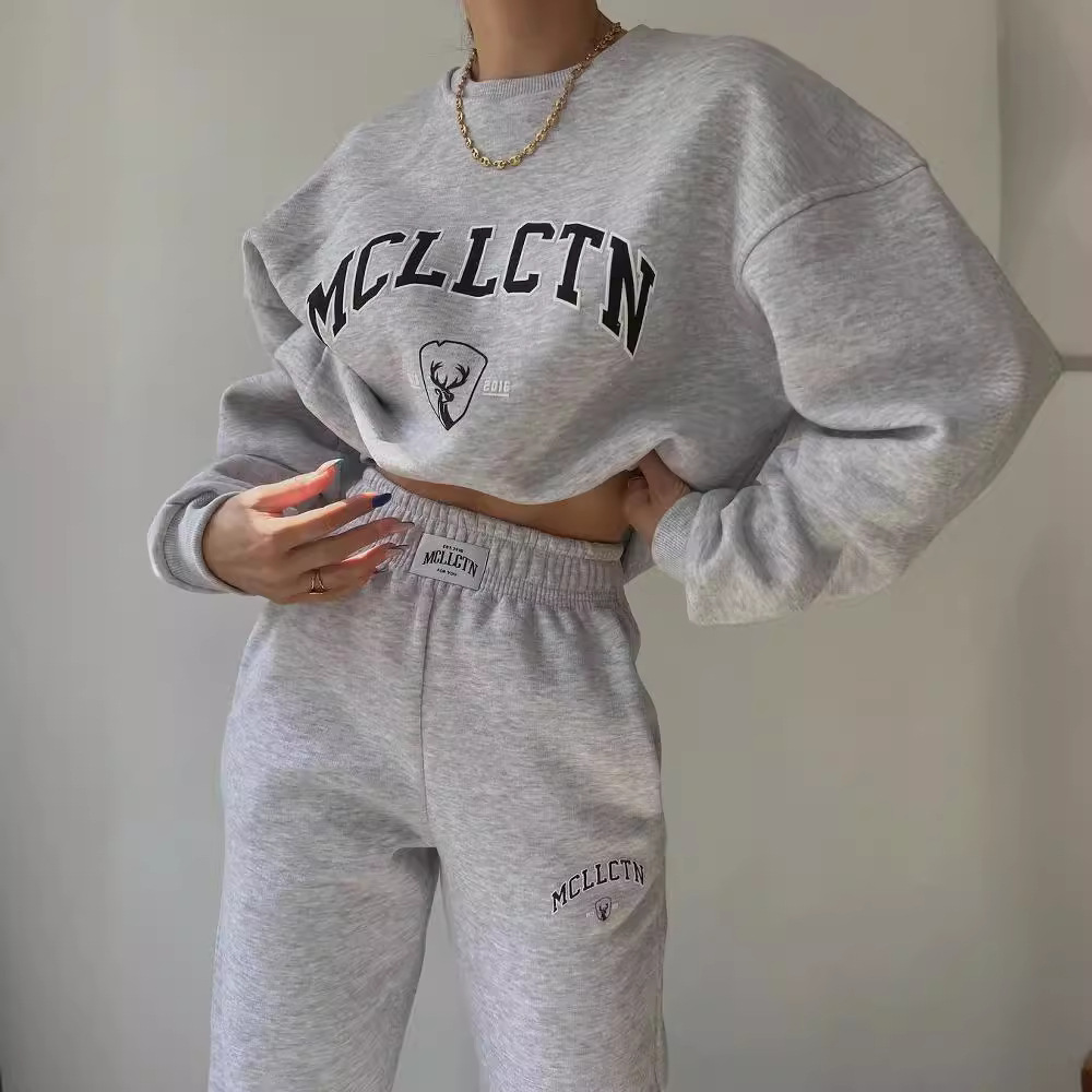Women's Casual Print Fleece-Lined Sweatshirt and Pants Set