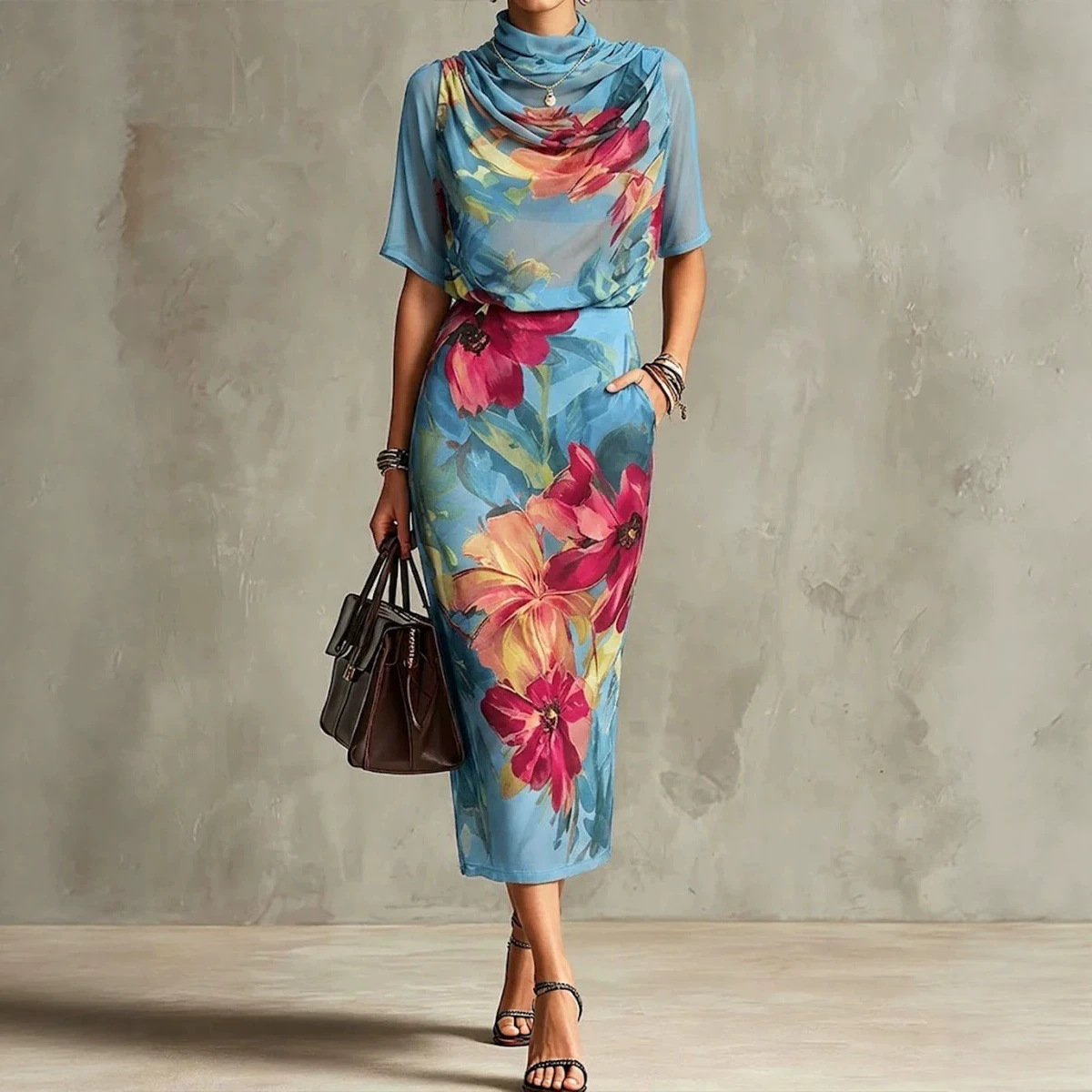 Floral Print Chiffon Top and Skirt Two-Piece Set