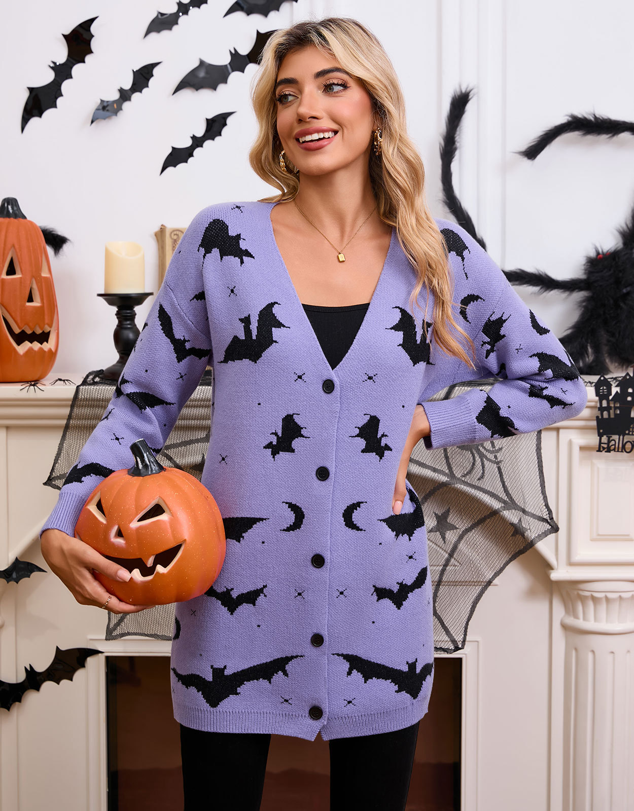 Halloween Bat Jacquard Long Sleeve Cardigan Sweater