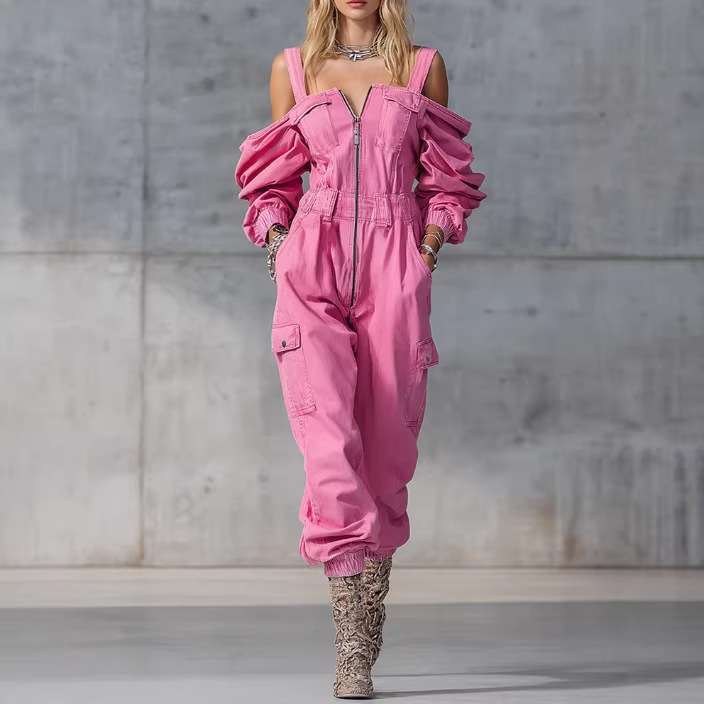 Pink Denim Jumpsuit with Long Sleeves and Tapered Legs
