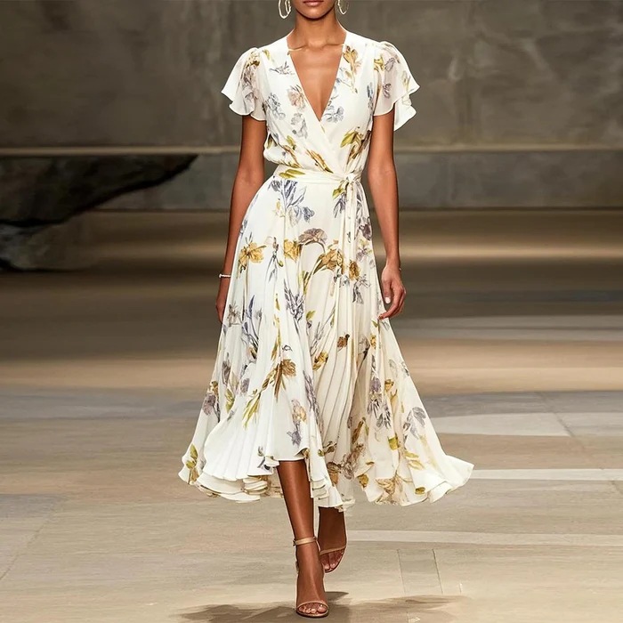V-Neck Short Sleeve Printed Midi Dress