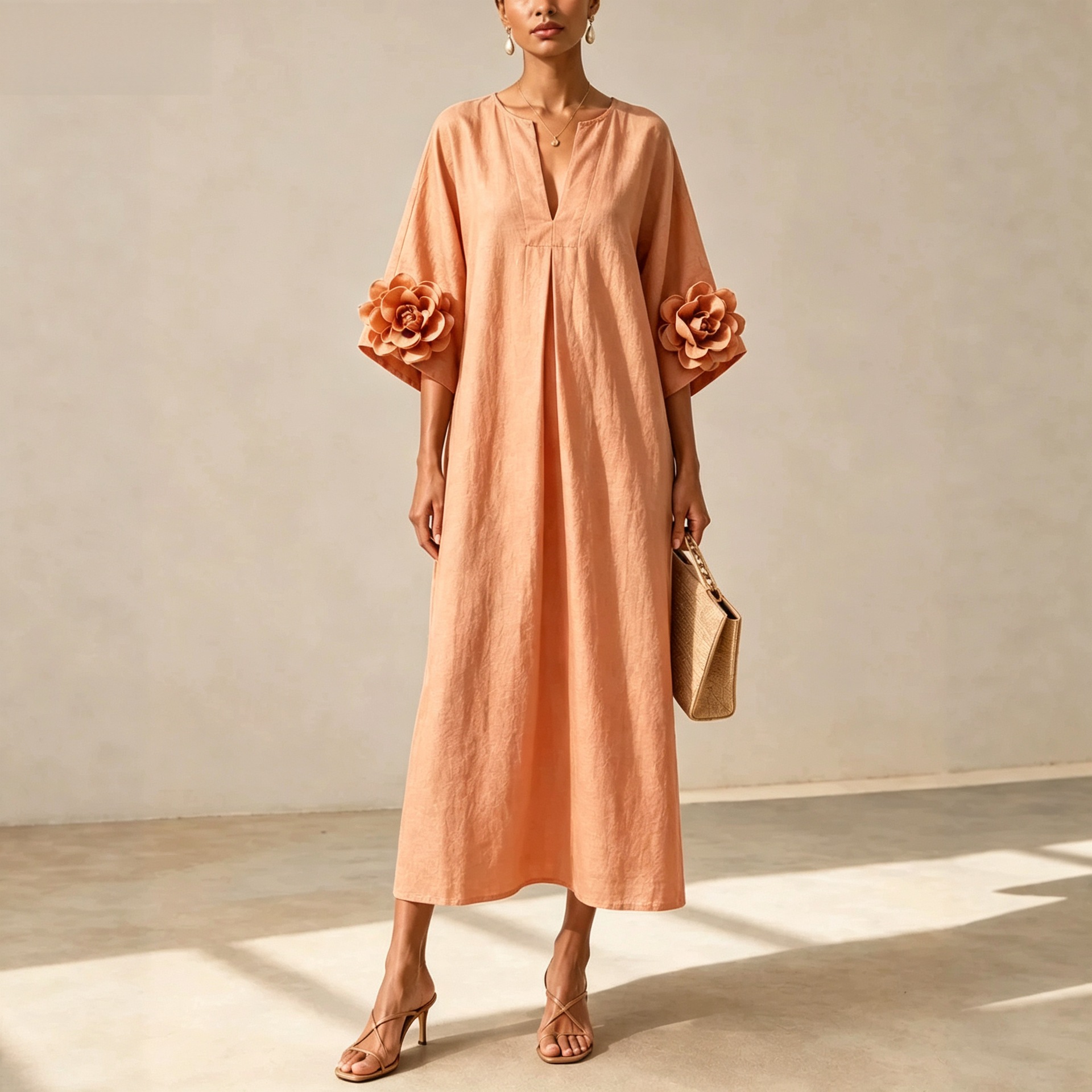 V-Neck Floral Midi Dress with Flared Sleeves