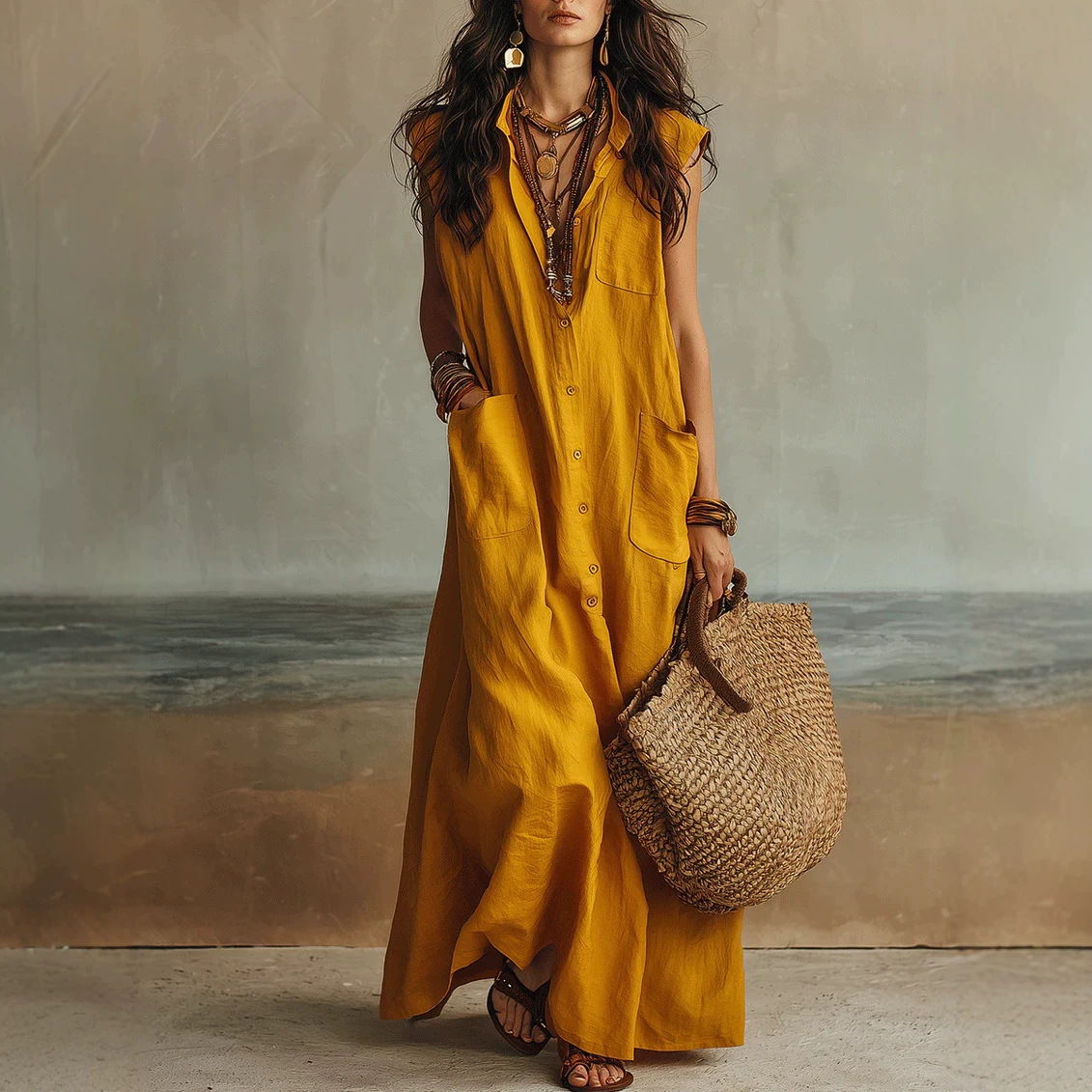 Off-Shoulder Boho V-Neck Shirt Dress Loose Long