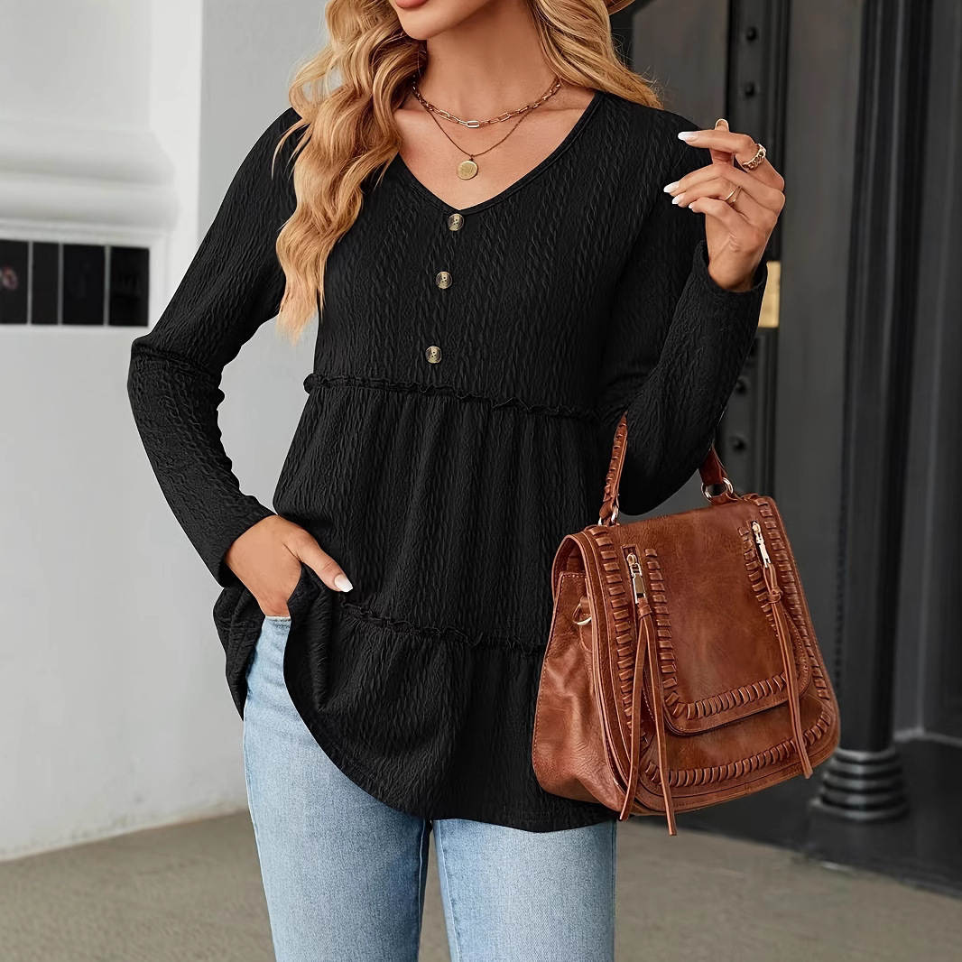 Solid V-Neck Button-Detail Loose Long-Sleeve T-Shirt