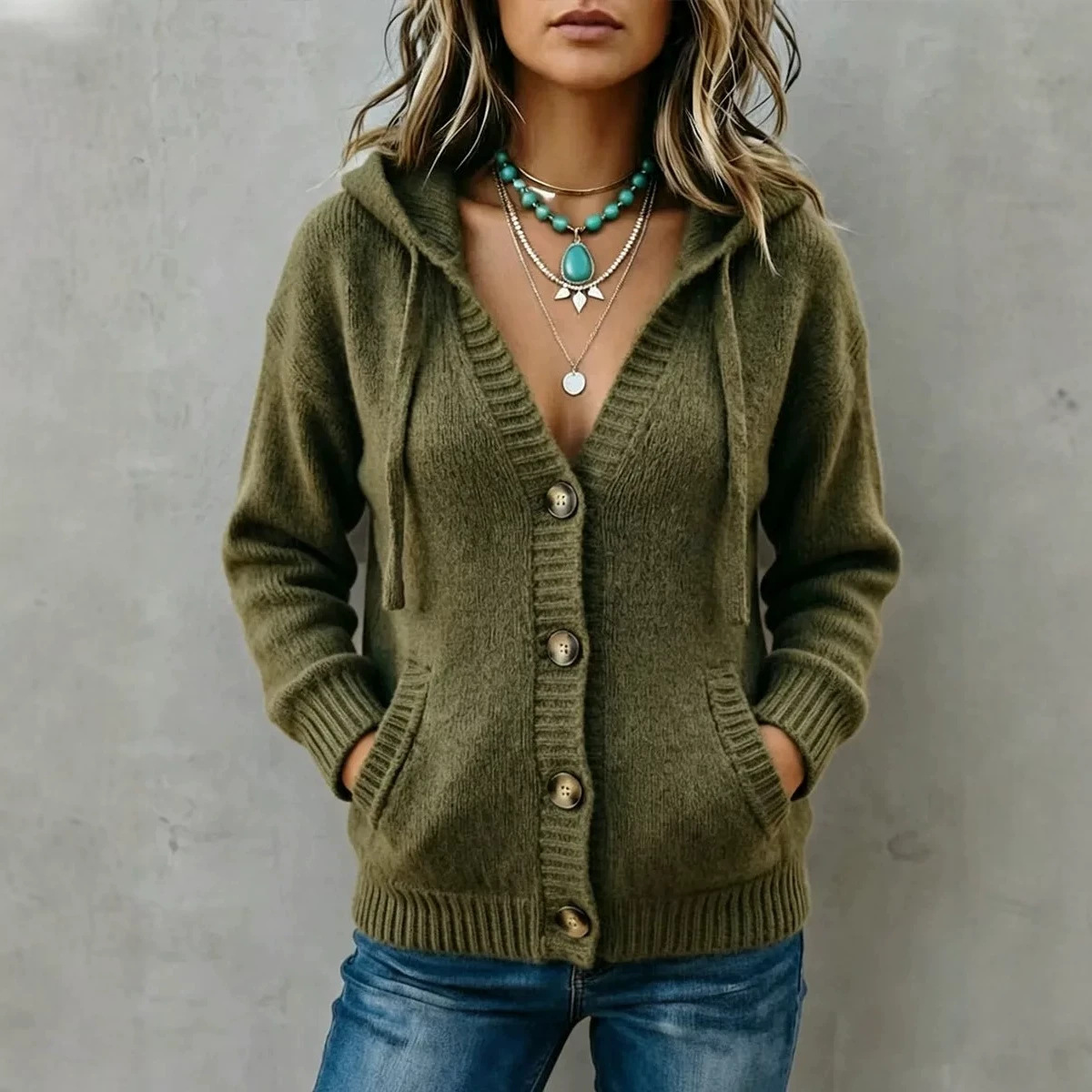Women's Button Hooded Knit Cardigan Sweater