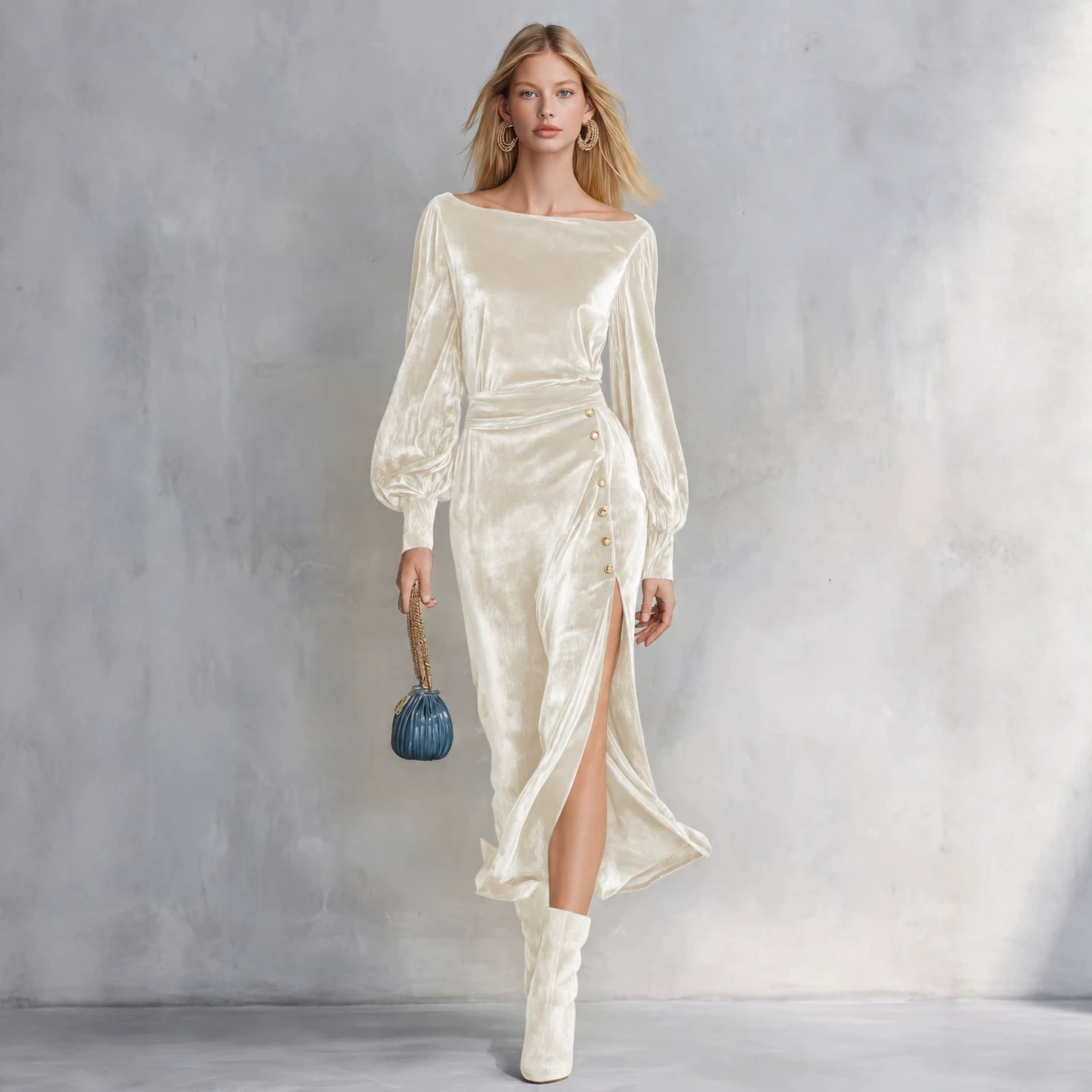 Elegant Off-Shoulder Long-Sleeve Velvet Maxi Dress with Buttons