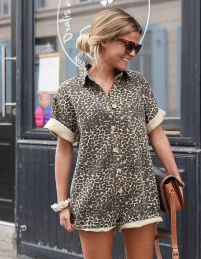 Women's Printed Vacation Shirt and Shorts Set with Collar