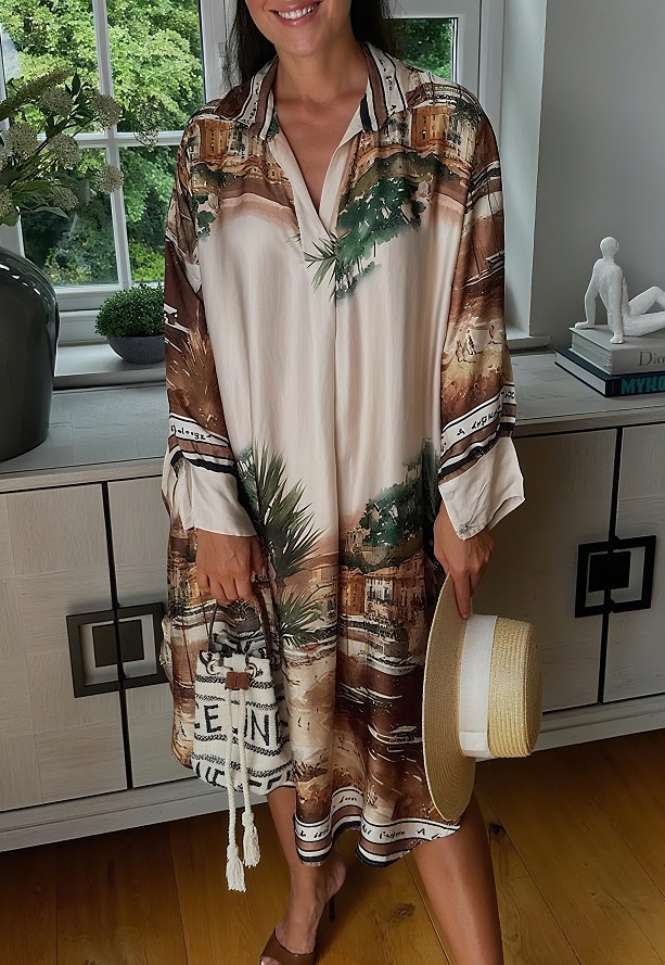 Women's Floral Print V-Neck Long Sleeve Loose Casual Dress