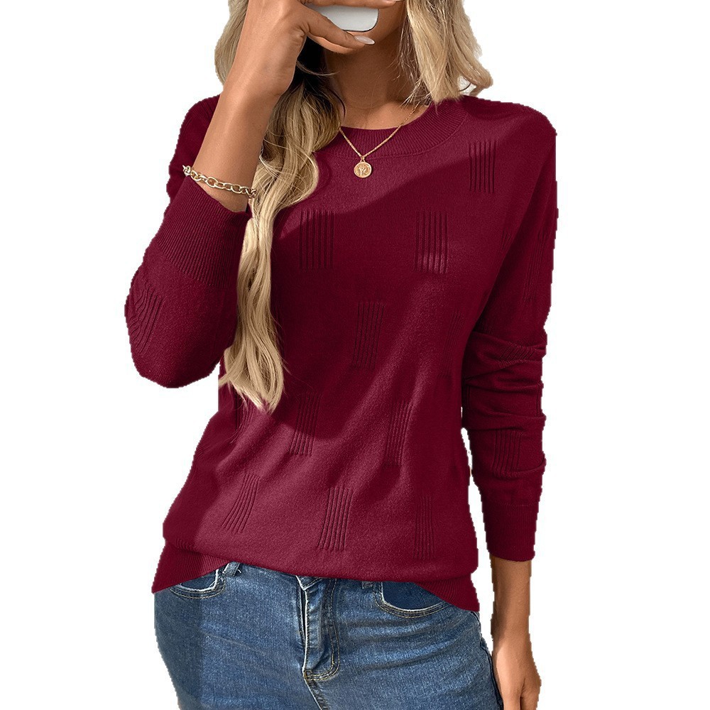 Solid Crewneck Pullover Knit Sweater with Scratch Detail Long Sleeve