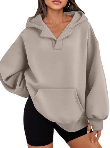 Women's V-Neck Hooded Pullover Sweatshirt with Thumbholes Cotton Fleece Casual Top
