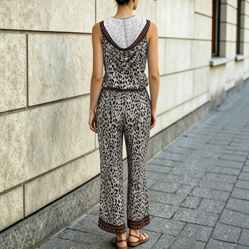 Plus Size Leopard Print Hooded Sleeveless Vest and Wide-Leg Pants Set