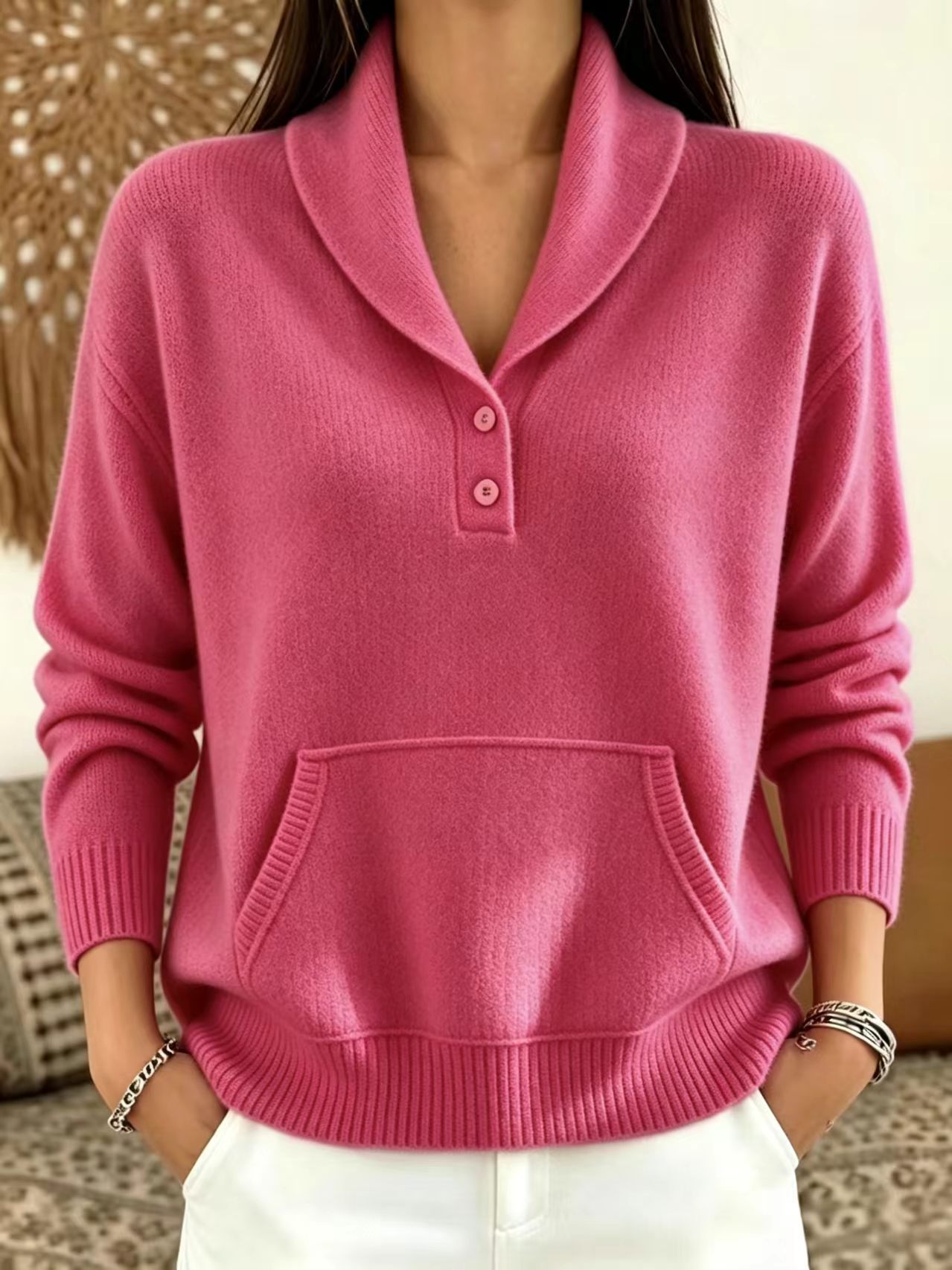 Suit-Collar Button Kangaroo Pocket Sweater for Women