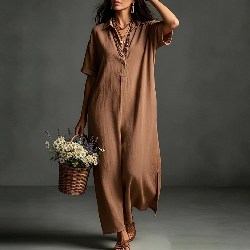 Women's Summer Collared Solid Color A-Line Midi Dress