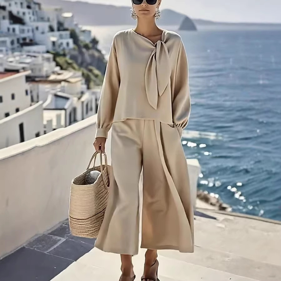 Women's Solid Color Long Sleeve Top and Pants Two-Piece Set