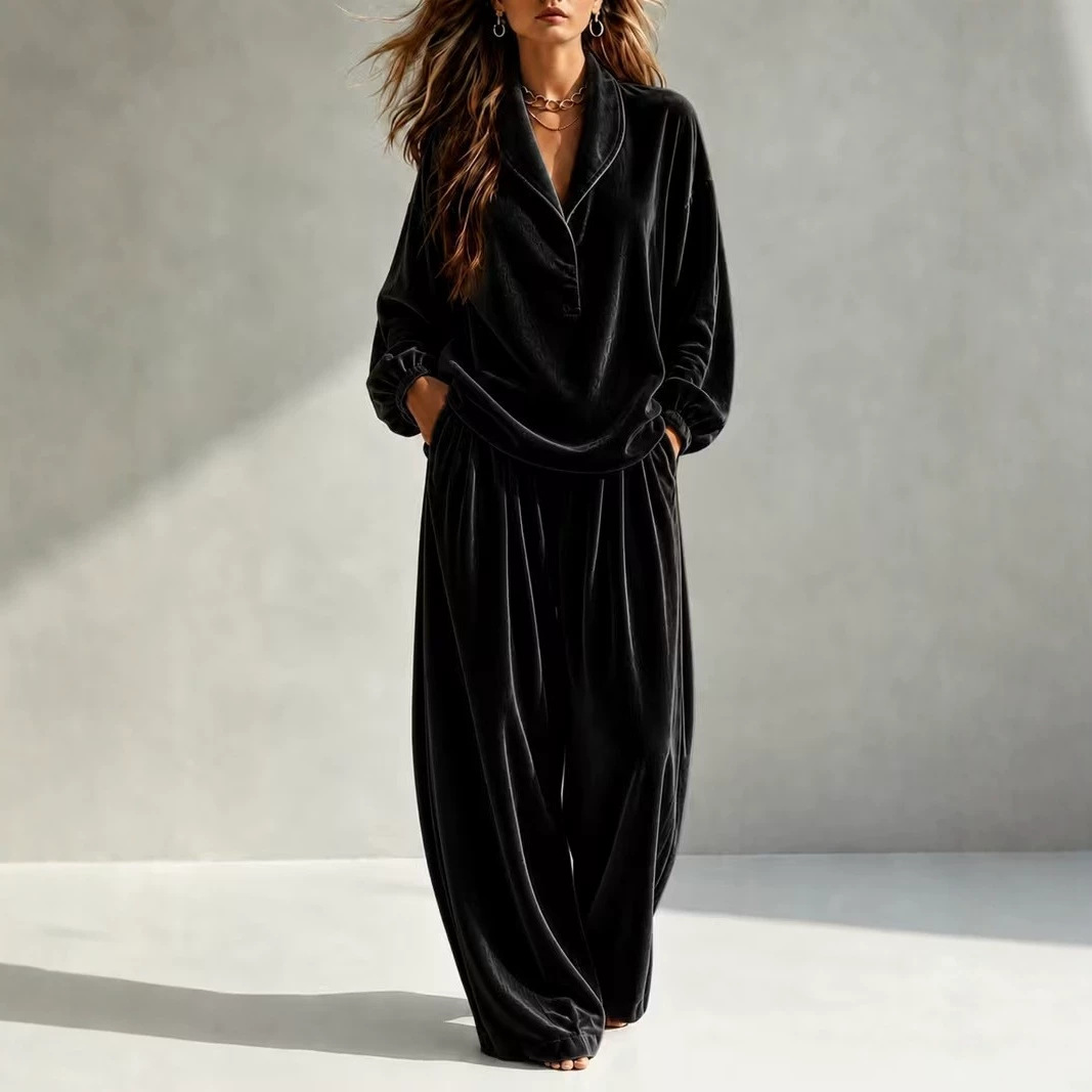 Velvet Long Sleeve Collared Two-Piece Set
