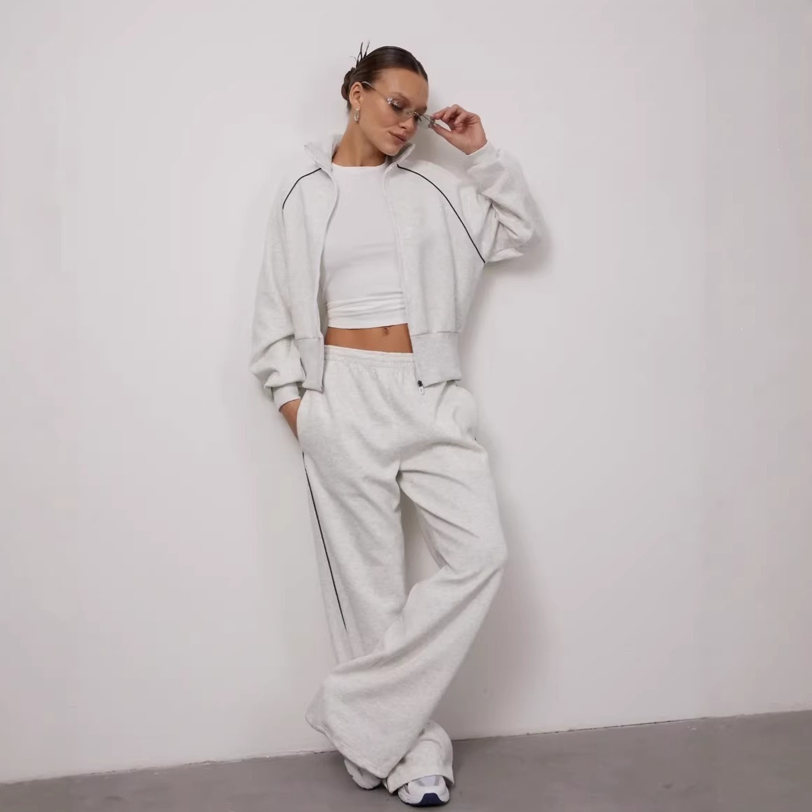 Women's Casual Commuter Two-Piece Set with Zip Cardigan and Wide-Leg Pants