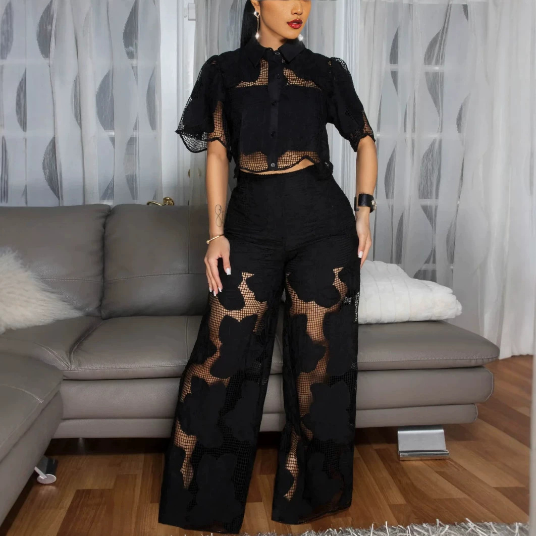 Lace Hollow-Out Panel Collared Short-Sleeve Shirt and Pants Set