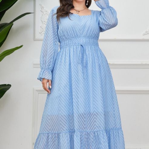 Elegant Plus Size Long Sleeve Printed Chiffon Maxi Dress