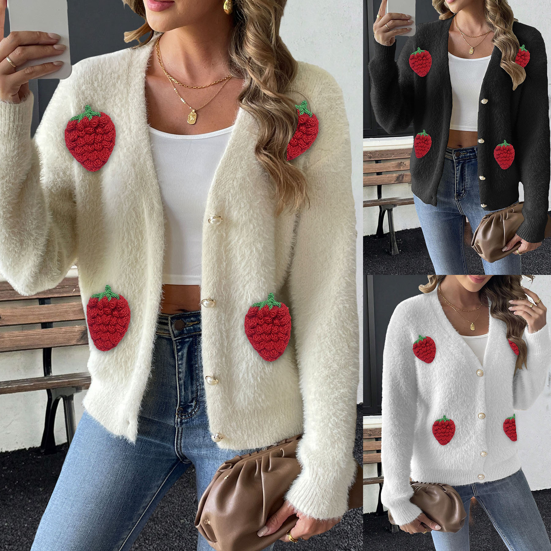 Women's Faux Mink Cardigan with Pearl Buttons & Strawberry Embroidery