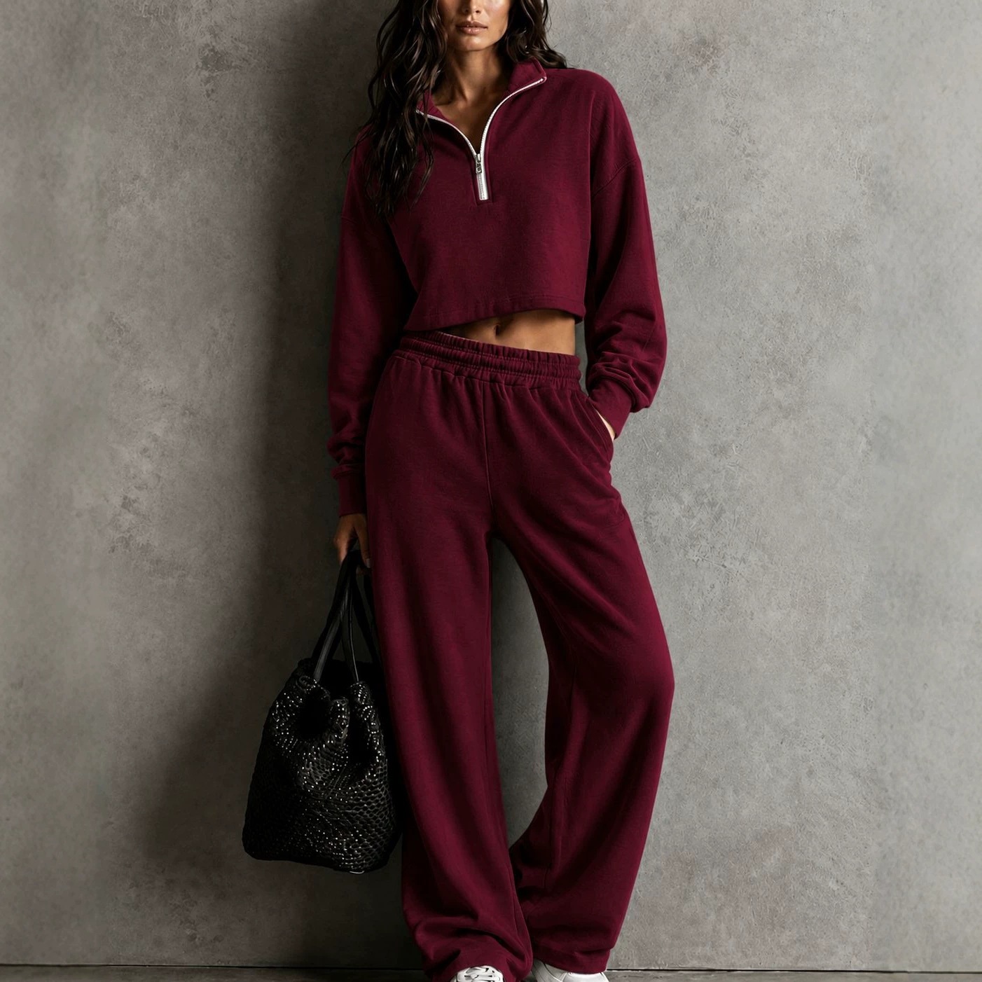 2026 Women's Fall/Winter New Half-Zip Loose Top Wide-Leg Pants Set Casual Sporty Two-Piece