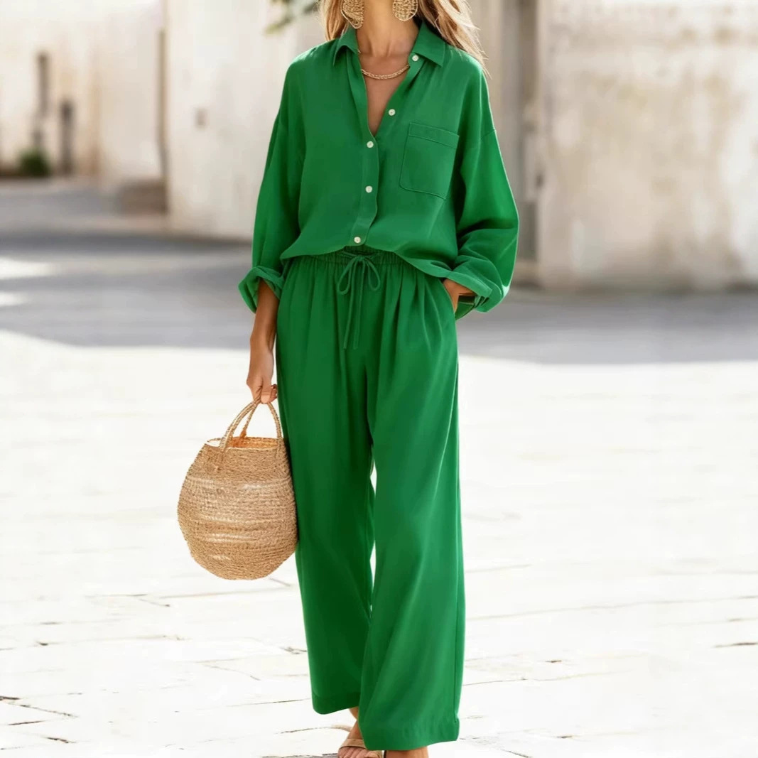 Women's Solid Color Long Sleeve Collared Top Set Casual Loose Fit