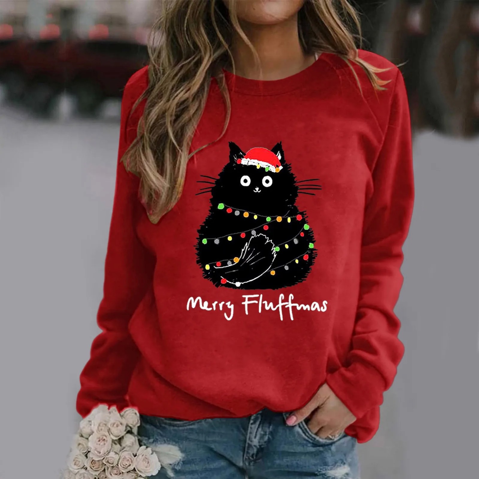 Women's Cartoon Animal Christmas Print Crewneck Sweatshirt