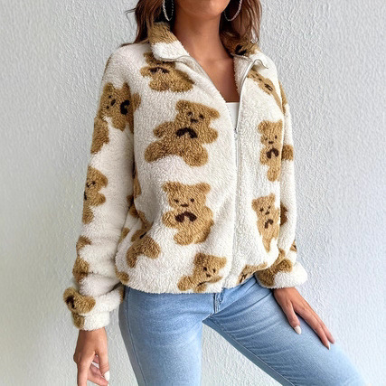 Fuzzy Fleece Bear Print Zip-Up Jacket Women's Loose Fit