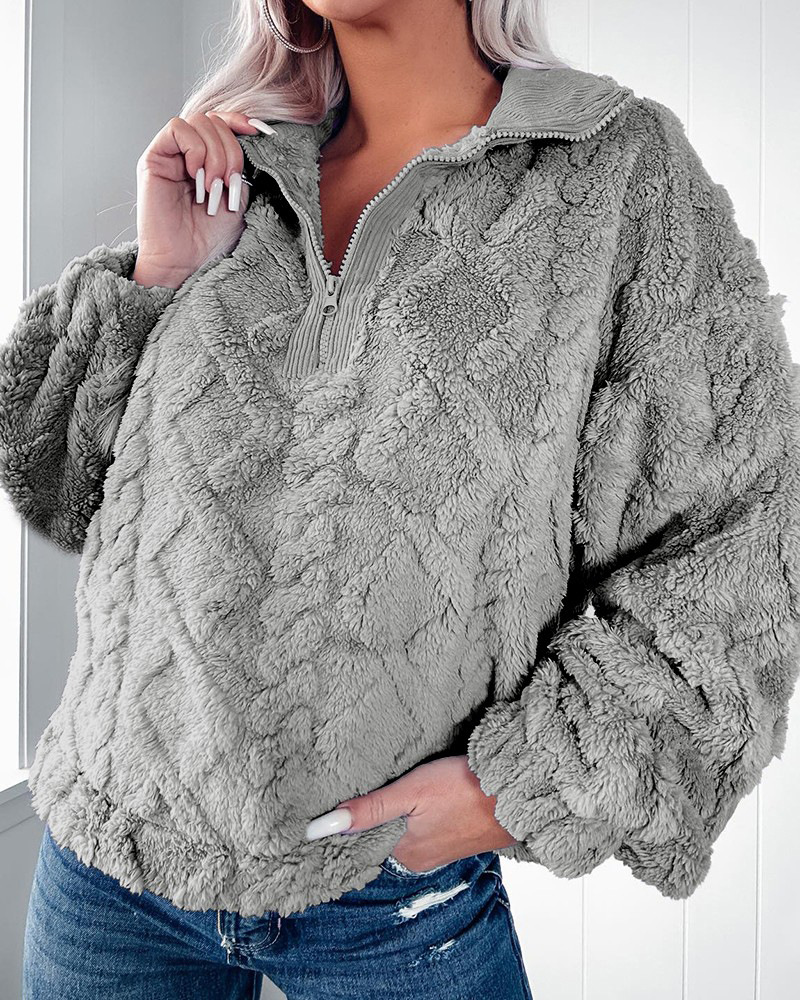 Women's Solid Color Fuzzy Pullover Top with Lantern Sleeves