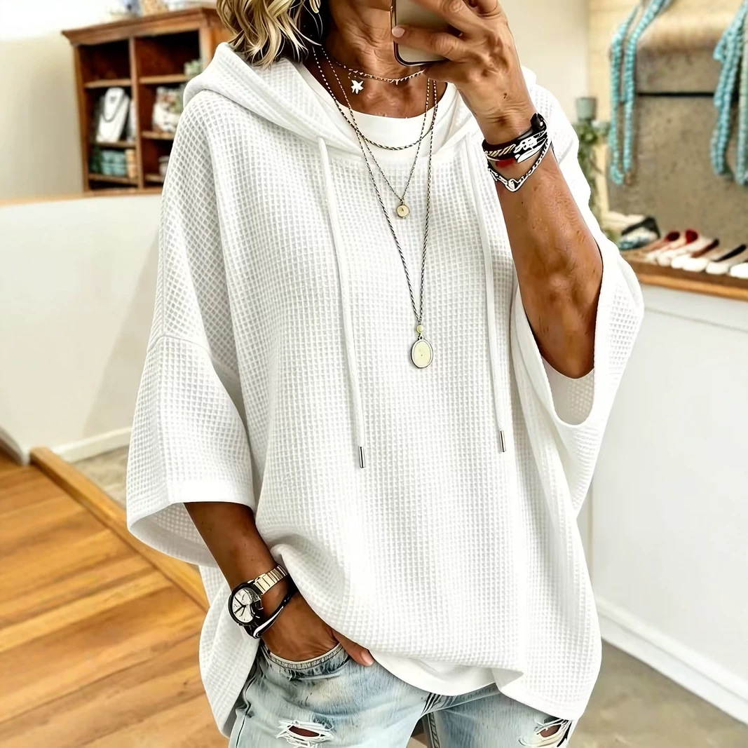 Women's Solid Waffle Print Casual Hoodie