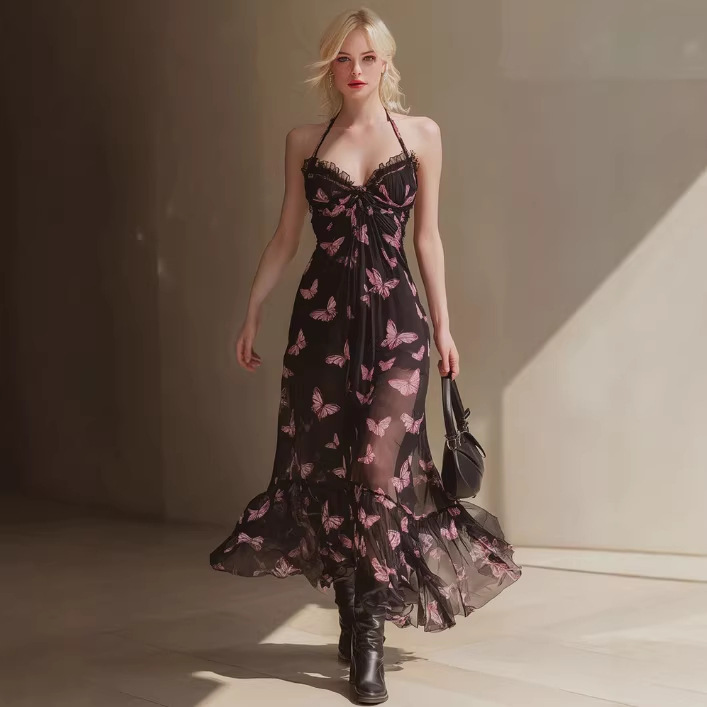 Pink Butterfly Print Black Off-Shoulder Tulle Dress