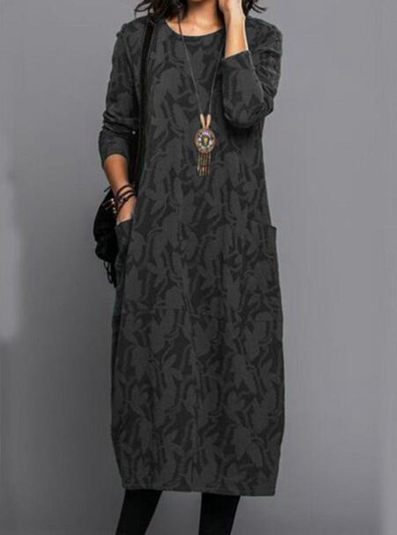 Women's Round Neck Long Sleeve Pocket Dress Casual Floral Print