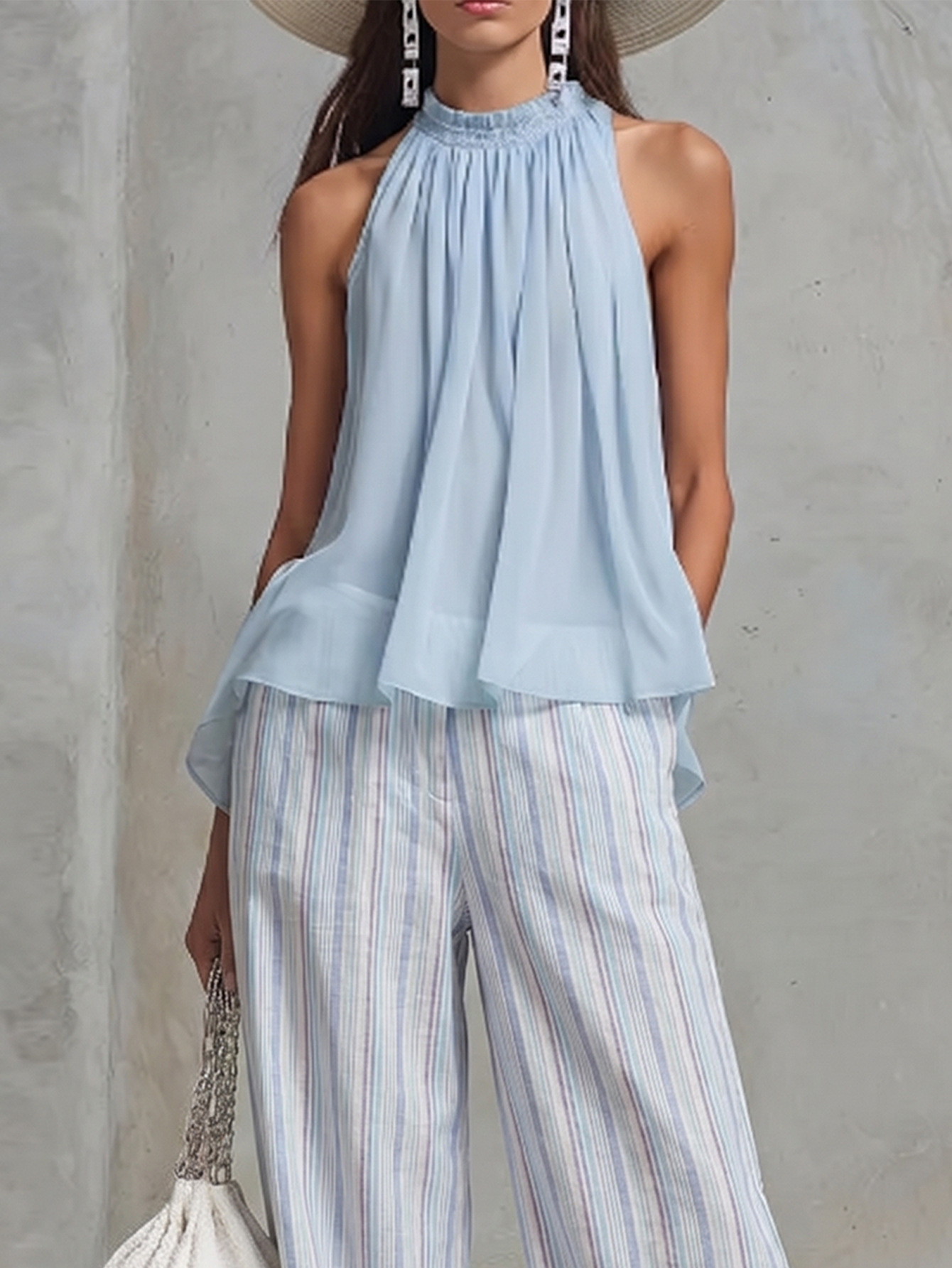 Sleeveless Colorblock Striped Top & Wide-Leg Pants Set