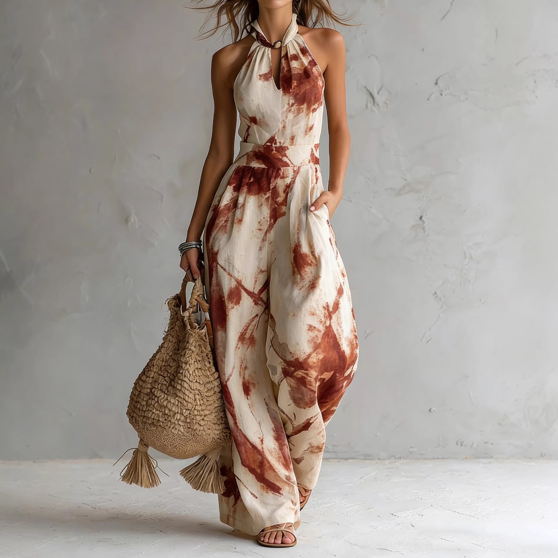 Halter Neck Digital Print Open Back Sleeveless Jumpsuit