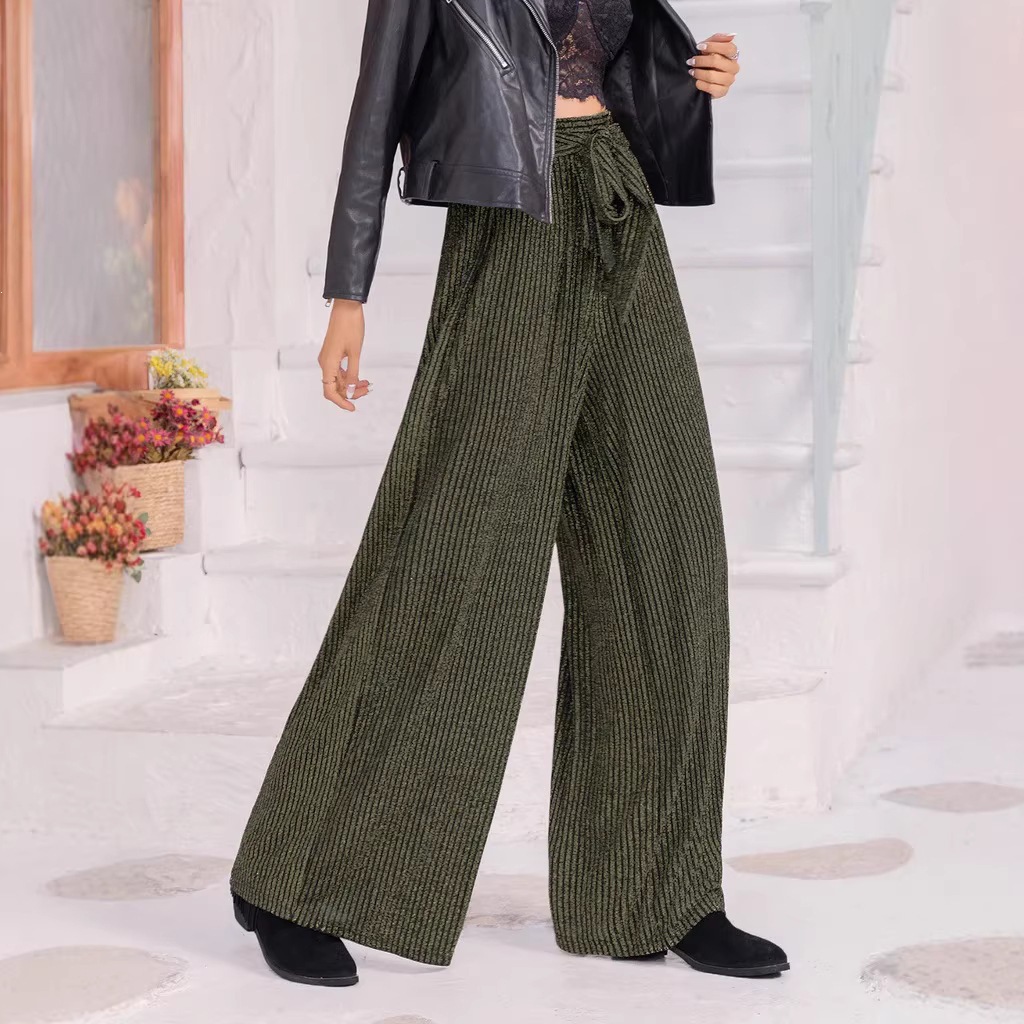 Bow High-Waist Wide-Leg Pants with Subtle Shimmer Vertical Texture