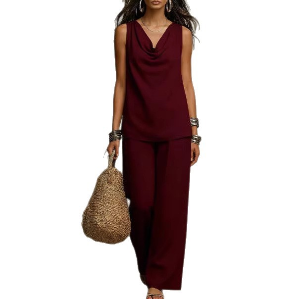 Solid Linen-Blend Sleeveless Tank Top and Wide-Leg Pants Set