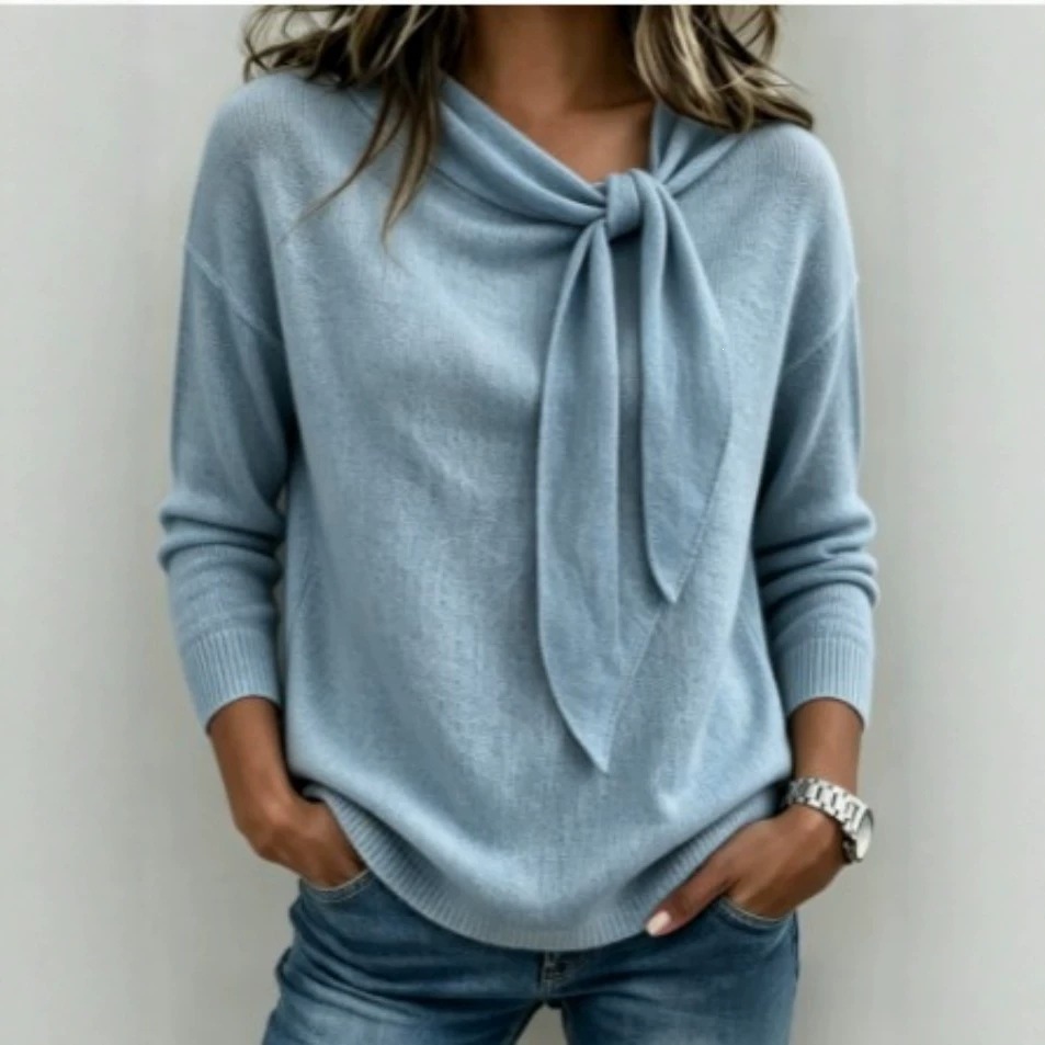 Bow Knit Sweater for Women Solid Color Round Neck Pullover