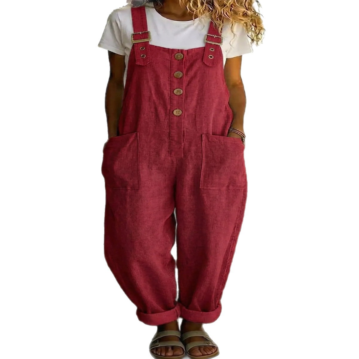 Women's Cotton-Linen Solid Color Vintage Straight-Leg Overalls with Pockets