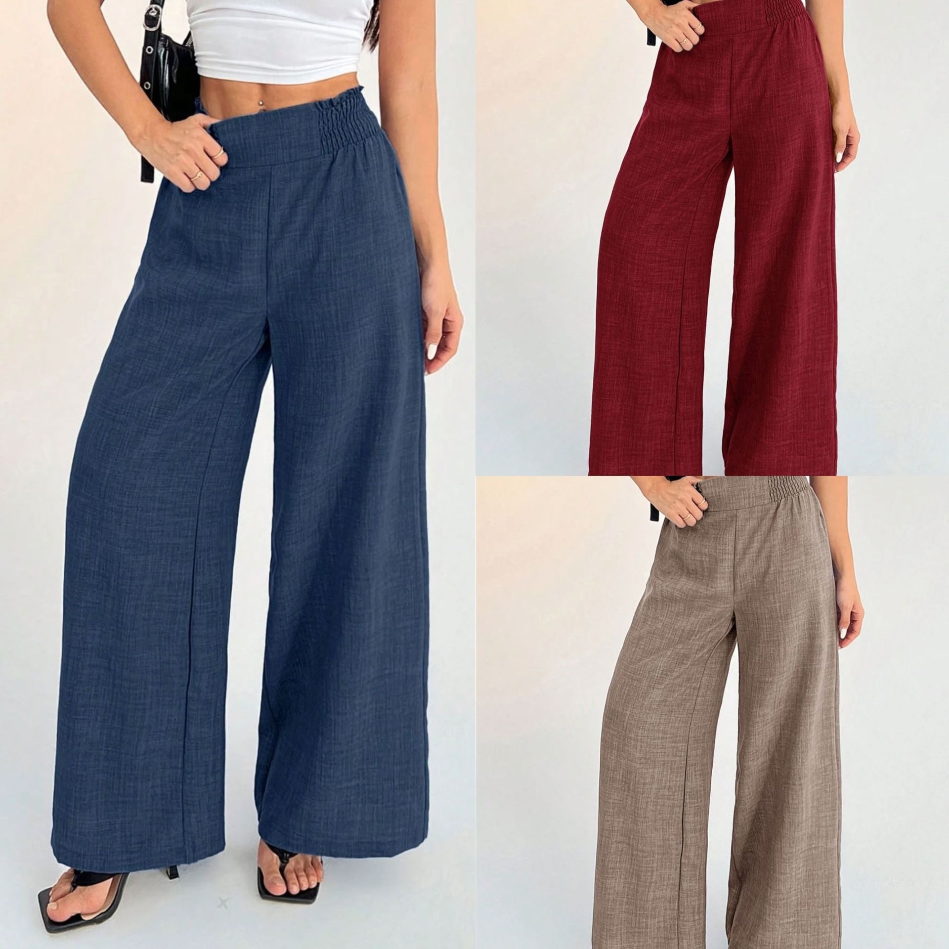 Women's Wide-Leg Pants Elastic Waist Loose Straight-Leg