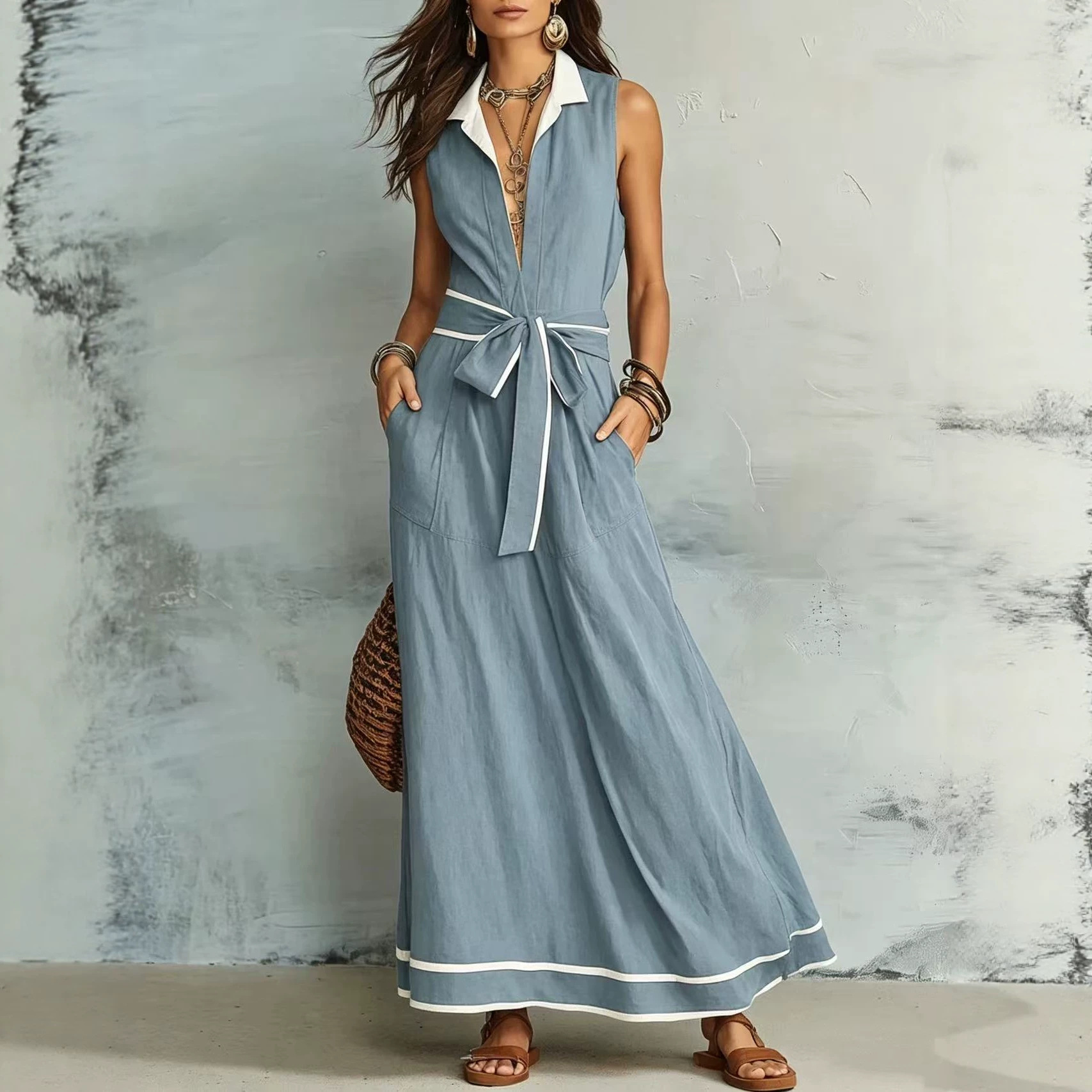 Sleeveless V-Neck White Trim Tie-Waist A-Line Dress