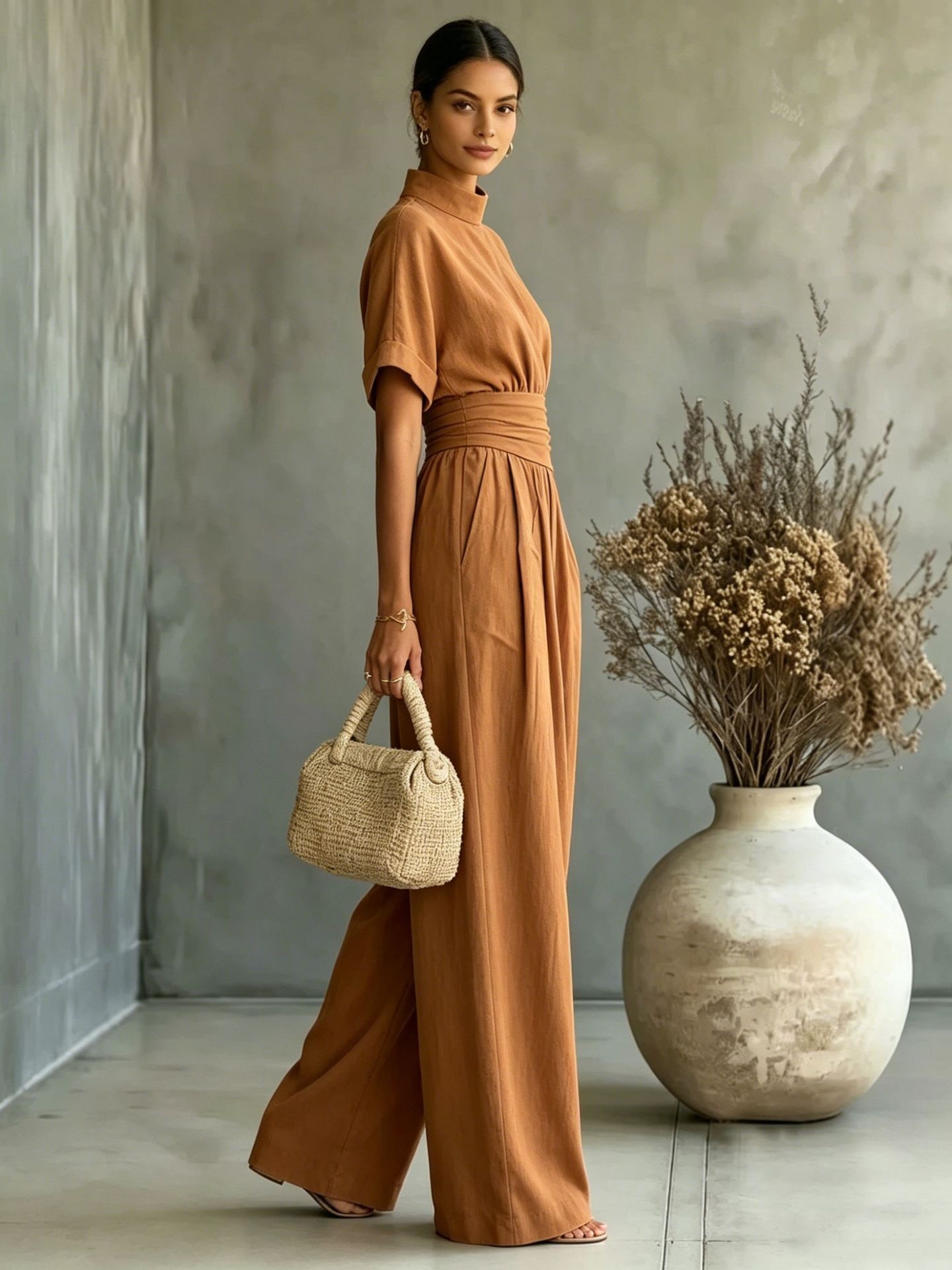 Women's Half-Turtleneck Short-Sleeve Wide-Leg Jumpsuit Solid Casual Loose Long Pants